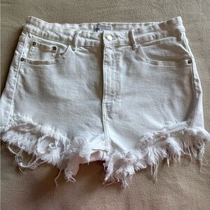 Zara White Jean Shorts with Distressed Frayed Hem